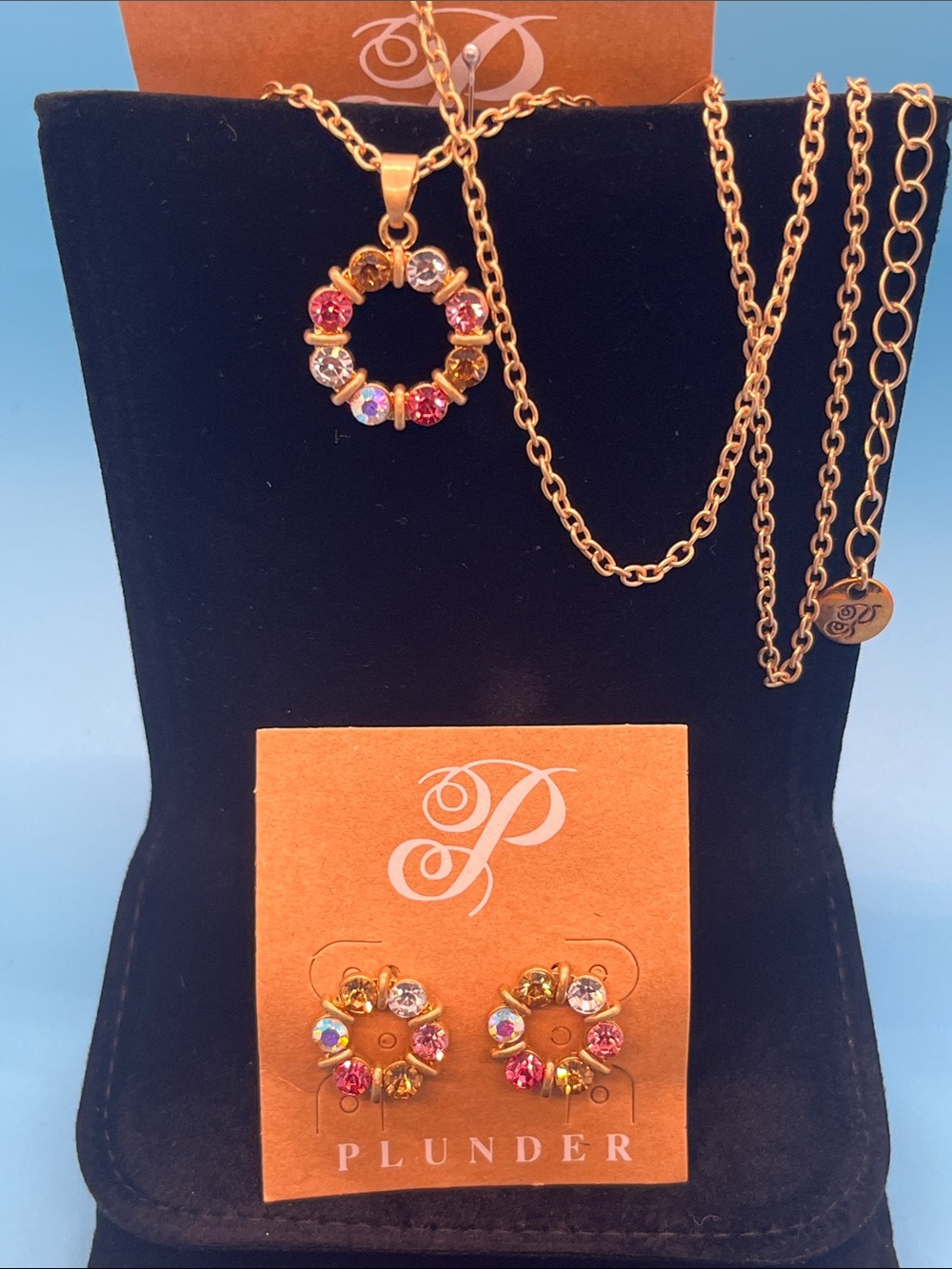 Plunder Gold-Tone Pink & Iridescent Crystal Wreath Necklace with Matching Studs